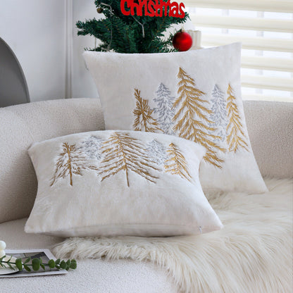 Quadratischer Zierkissenbezug aus Kunstfell mit gesticktem Tannenbaum‑Motiv Brehn
