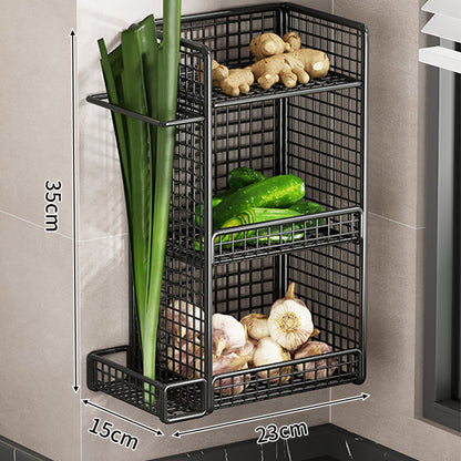 Wandmontierter dreistufiger Mesh-Küchenorganizer mit seitlichem Utensilienfach