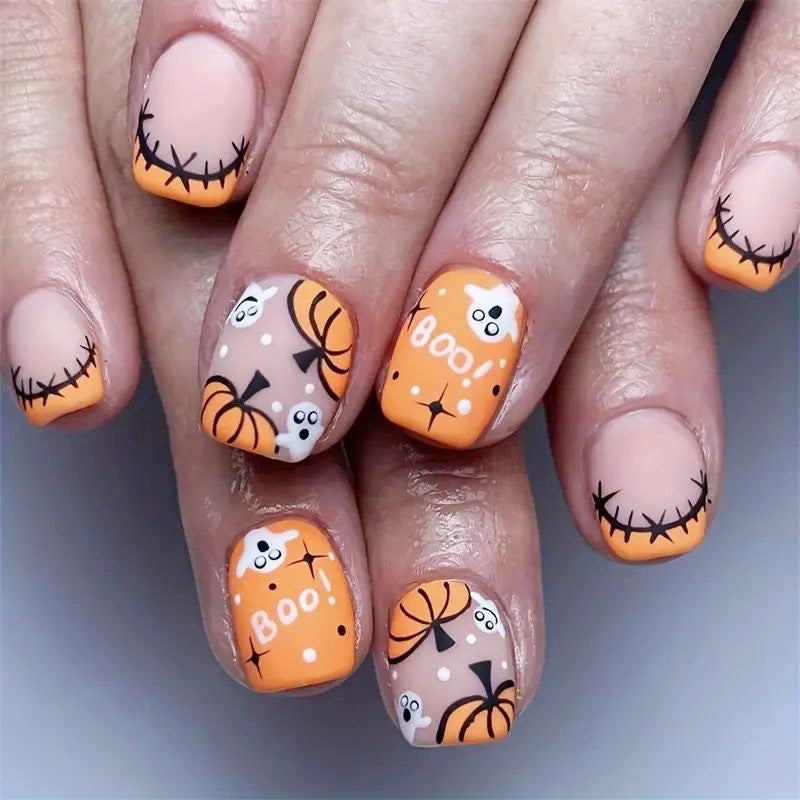 Halloween Kunstnagelset mit niedlichen Kürbis- und Geistermotiven Brehn