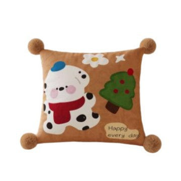 Decorative Square Throw Pillow Cover with Pom-Pom Corners and Cartoon Dog Illustration