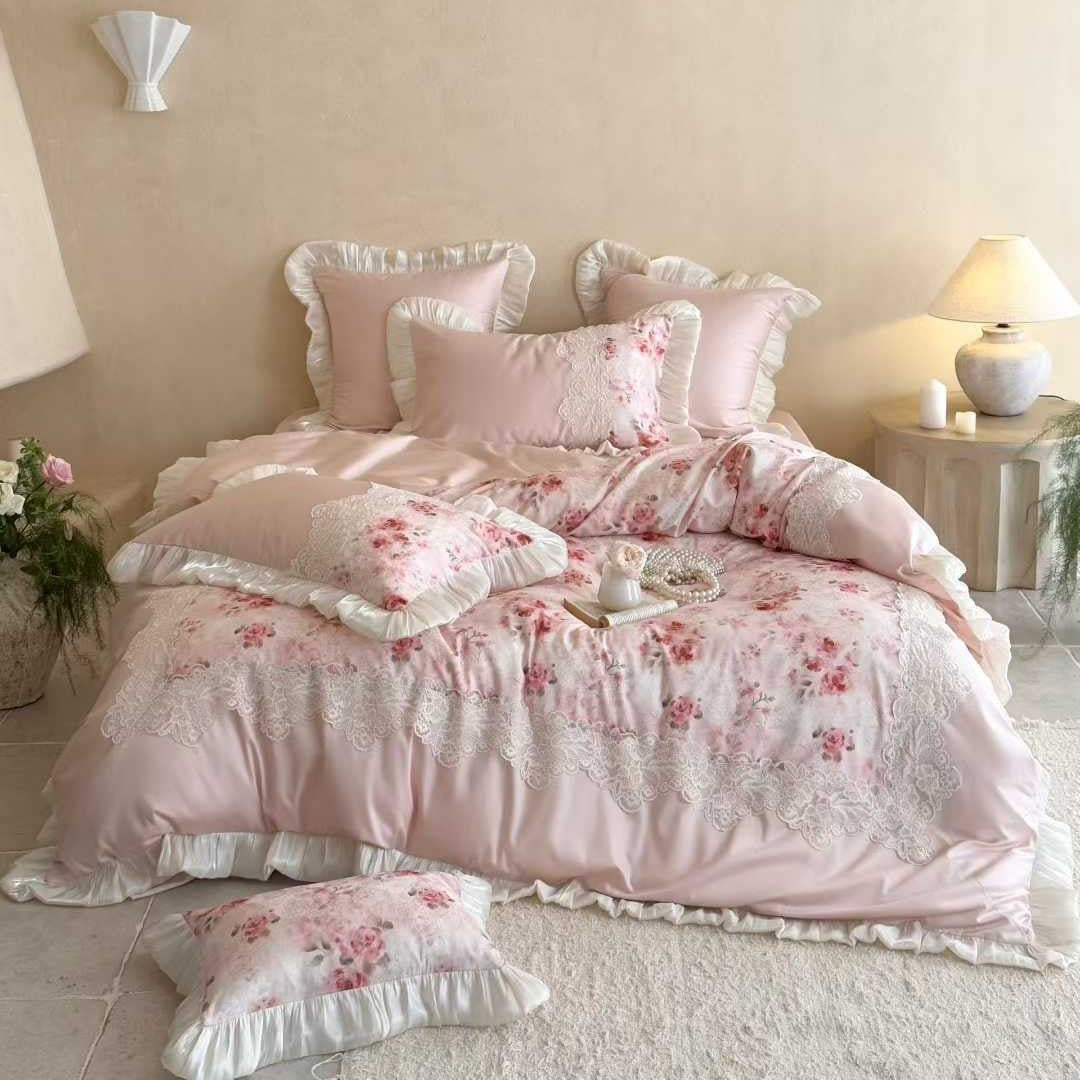 Florales Spitzen-Applikation Sateen Bettbezug Set mit Rüschensatinbesatz