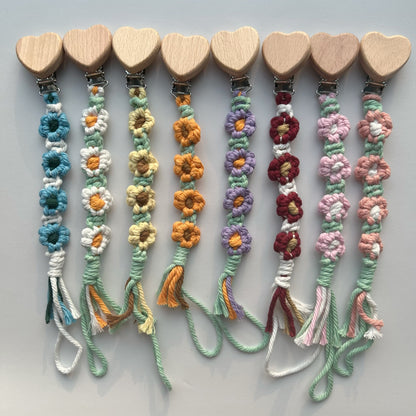 Baumwolle Häkelblumen Schnuller und Beißring Clip mit Holz Herz Sicherheitsclip