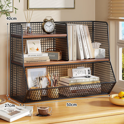 Doppel-Tier-Mesh-Metall-Schreibtisch-Organizer mit Holzregalen