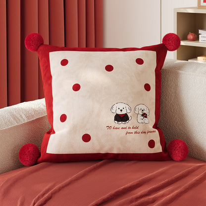 Decorative Cotton-Linen Square Throw Pillow with Pom-Pom Corners and Polka Dot Love Print