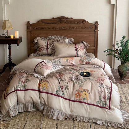 Romantisches Satin-Bettwäsche-Set mit Rüschen, Blumenstickerei und Wendefunktion