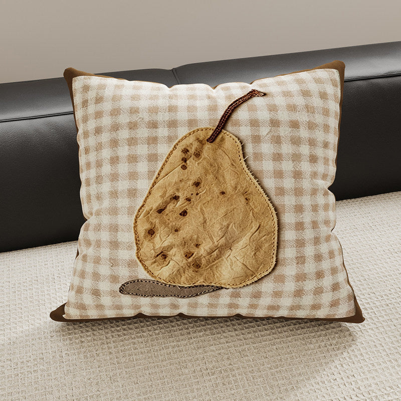 Decorative Gingham Embroidered Pear Appliqué Throw Pillow Cover
