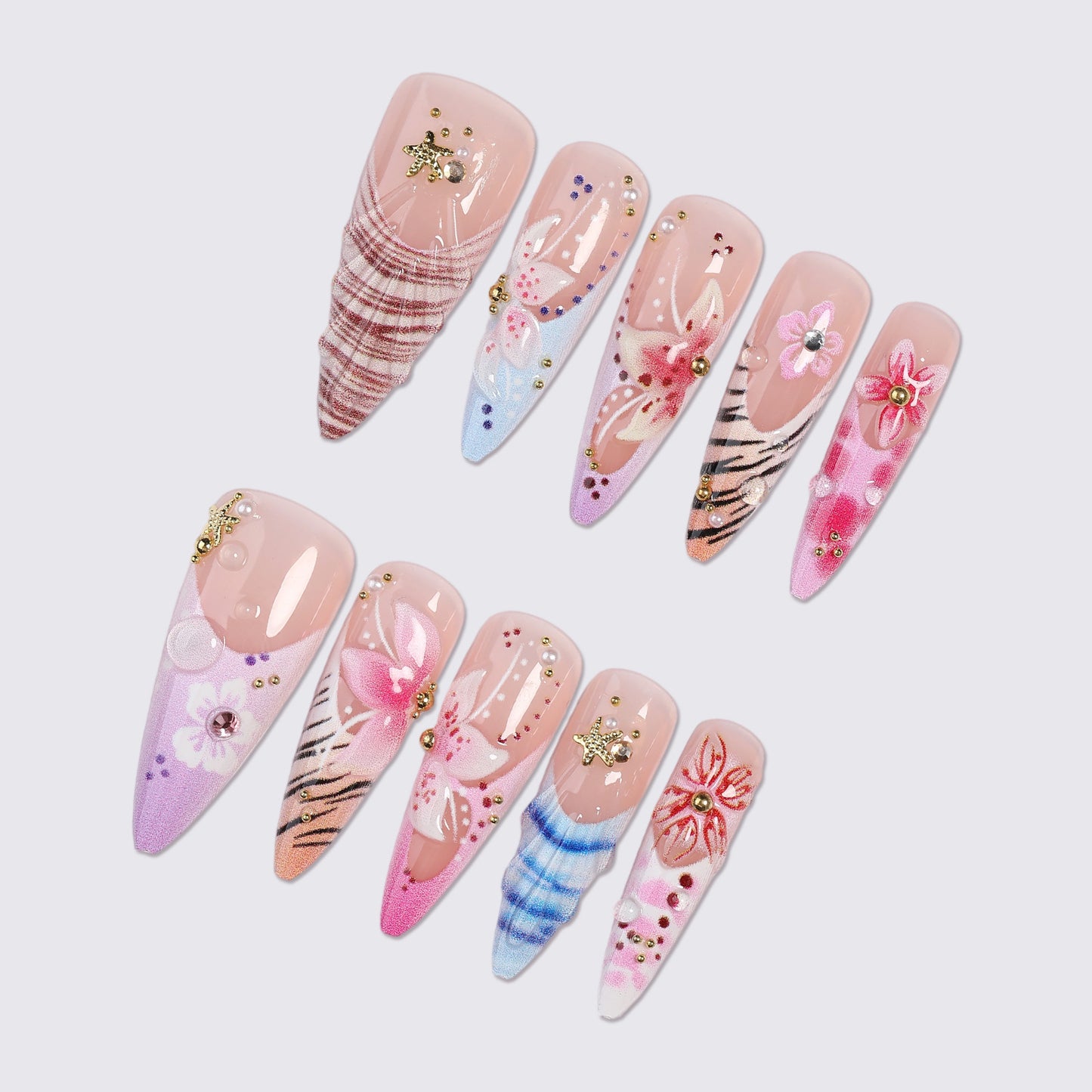 Künstlerisches Press-On Nagelset mit floralem und Edelstein-Akzenten Brehn