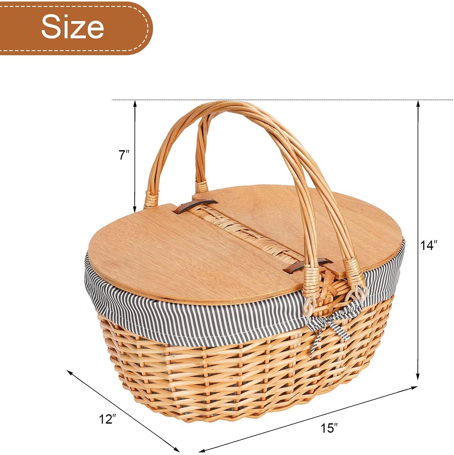 Damen Picknickkorb mit Holzdeckel und gestreiftem Futter Brehn