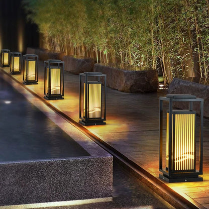 LED-Außenleuchte japanisch – Sockelleuchte mit Holzrahmen, wetterfest, warmweiß, für Garten, Terrasse & Wege