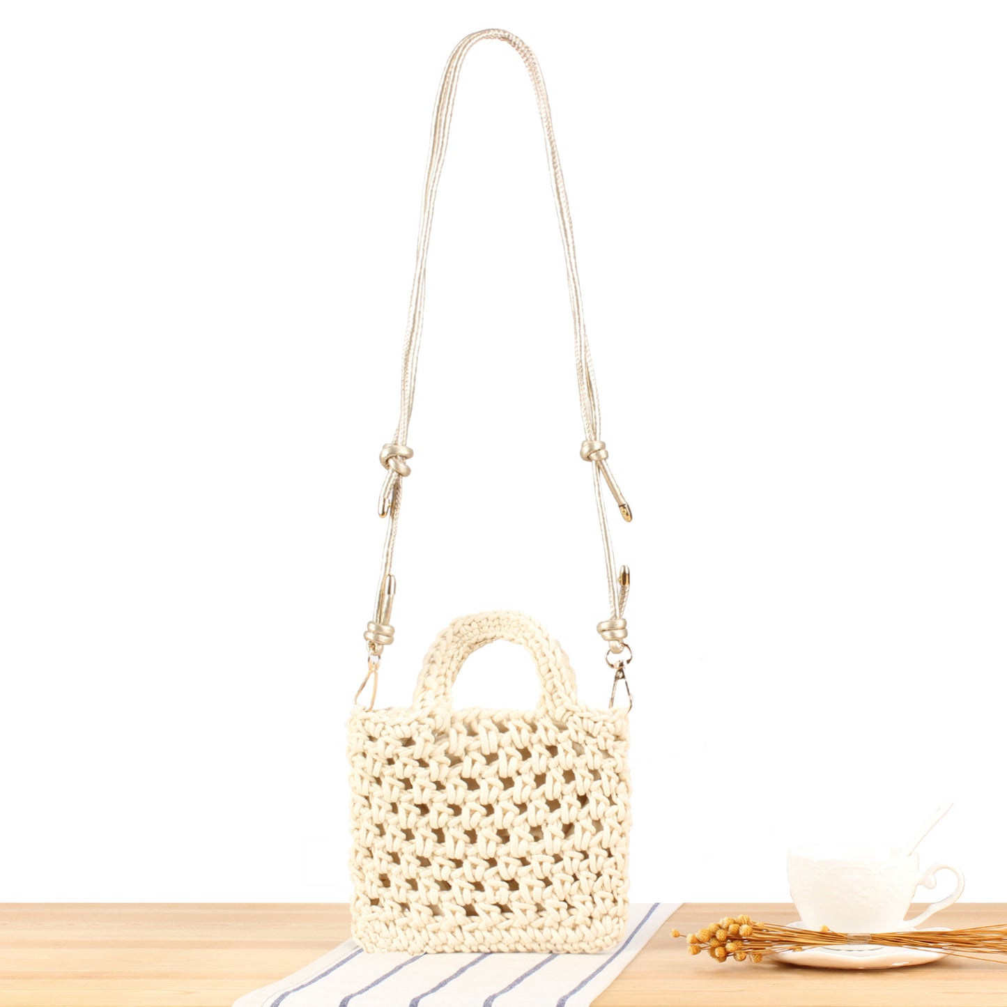 Handtasche Aus Handgefertigtem Makramee mit Verstellbarem Schulterriemen Brehn
