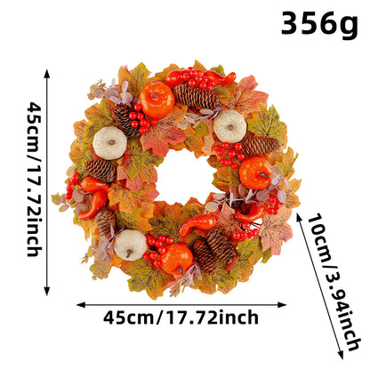 Herbstlicher Türkranz mit künstlichen Ahornblättern, Zapfen und Deko-Kürbissen