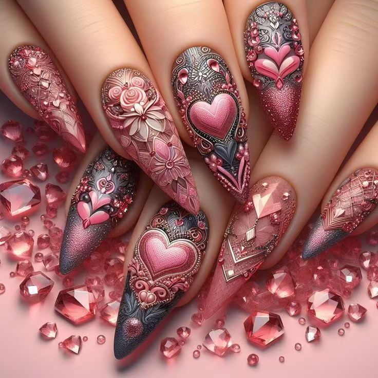 Kunstnagelset mit romantischen 3D-Herz-Designs und luxuriösen Verzierungen Brehn