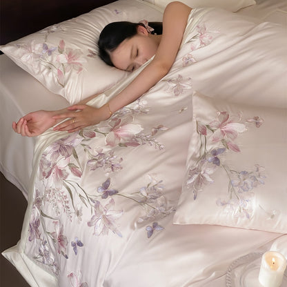 Luxuriöses Satin Blumenbesticktes Bettwäsche-Set Bettbezug und Kissenbezüge