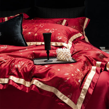 Opulente Satin-Bettwäschegarnitur mit Jacquard‑Blumenmotiv und goldveredelter Zierkante