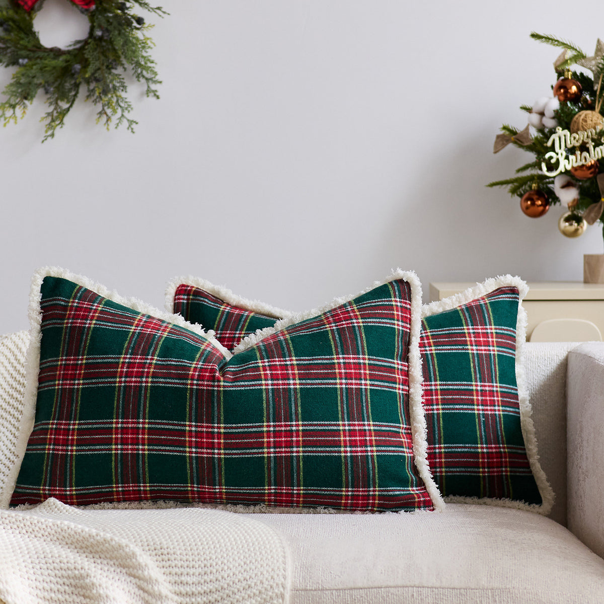 Plaid Sherpa-Trim Quadrat Dekorative Wurfkissenbezug