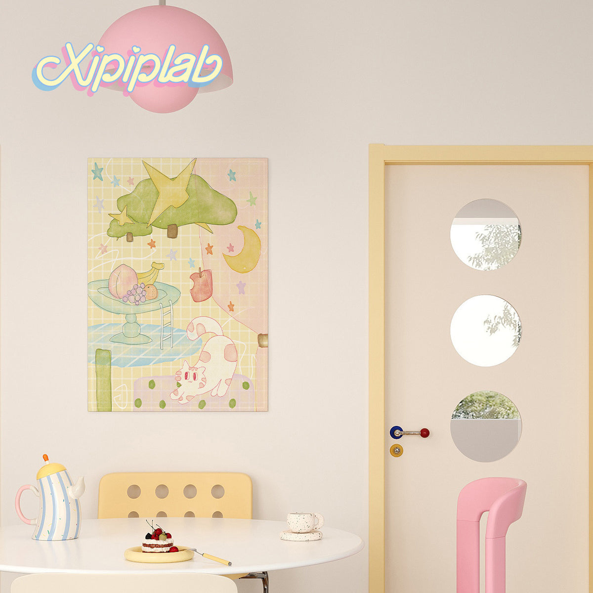Pastel Grid Illustration Wall Tapestry for Kids Room Decor
