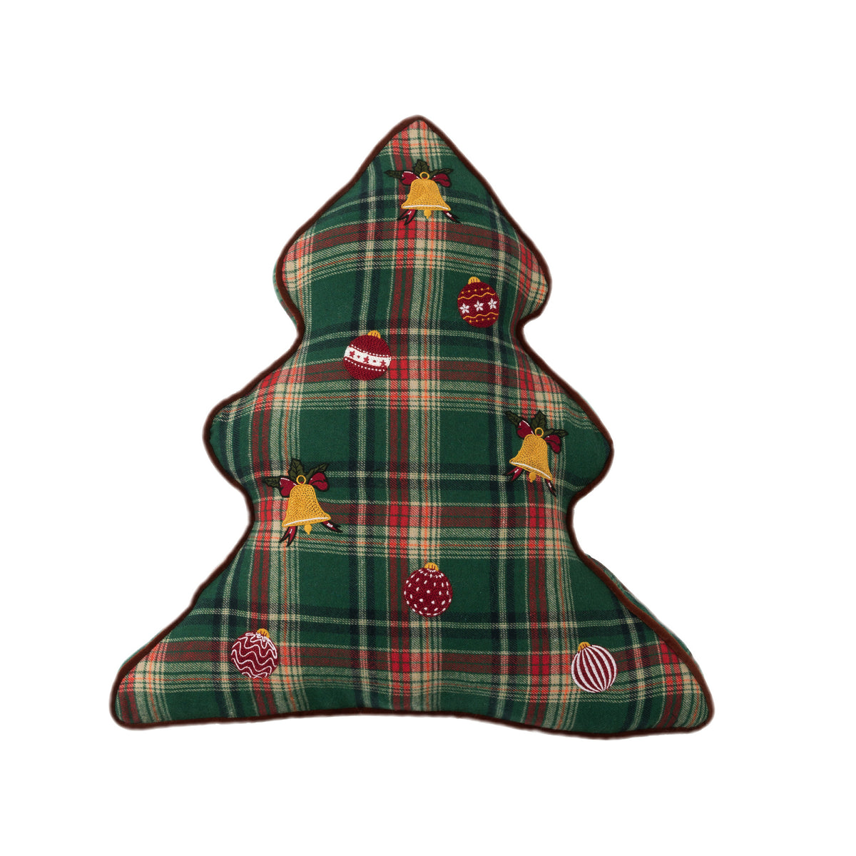 Weihnachtliches baumförmiges Dekokissen aus kariertem Flanell mit Stickapplikationen Brehn