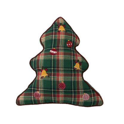 Weihnachtliches baumförmiges Dekokissen aus kariertem Flanell mit Stickapplikationen Brehn