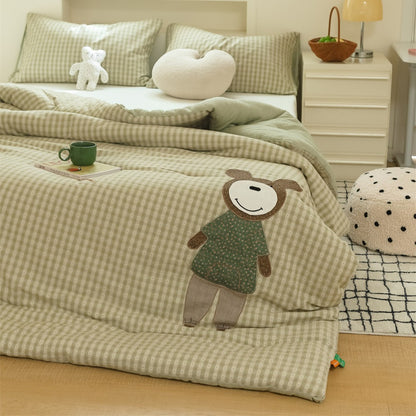 Kinder Stepp-Gingham Bettbezug Set mit Applikationsbär-Motiv