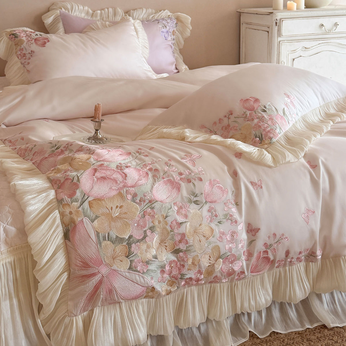 Gerüschtes Satin-Feeling Blumenbesticktes Bettbezug-Set mit Faltenrüschensaum
