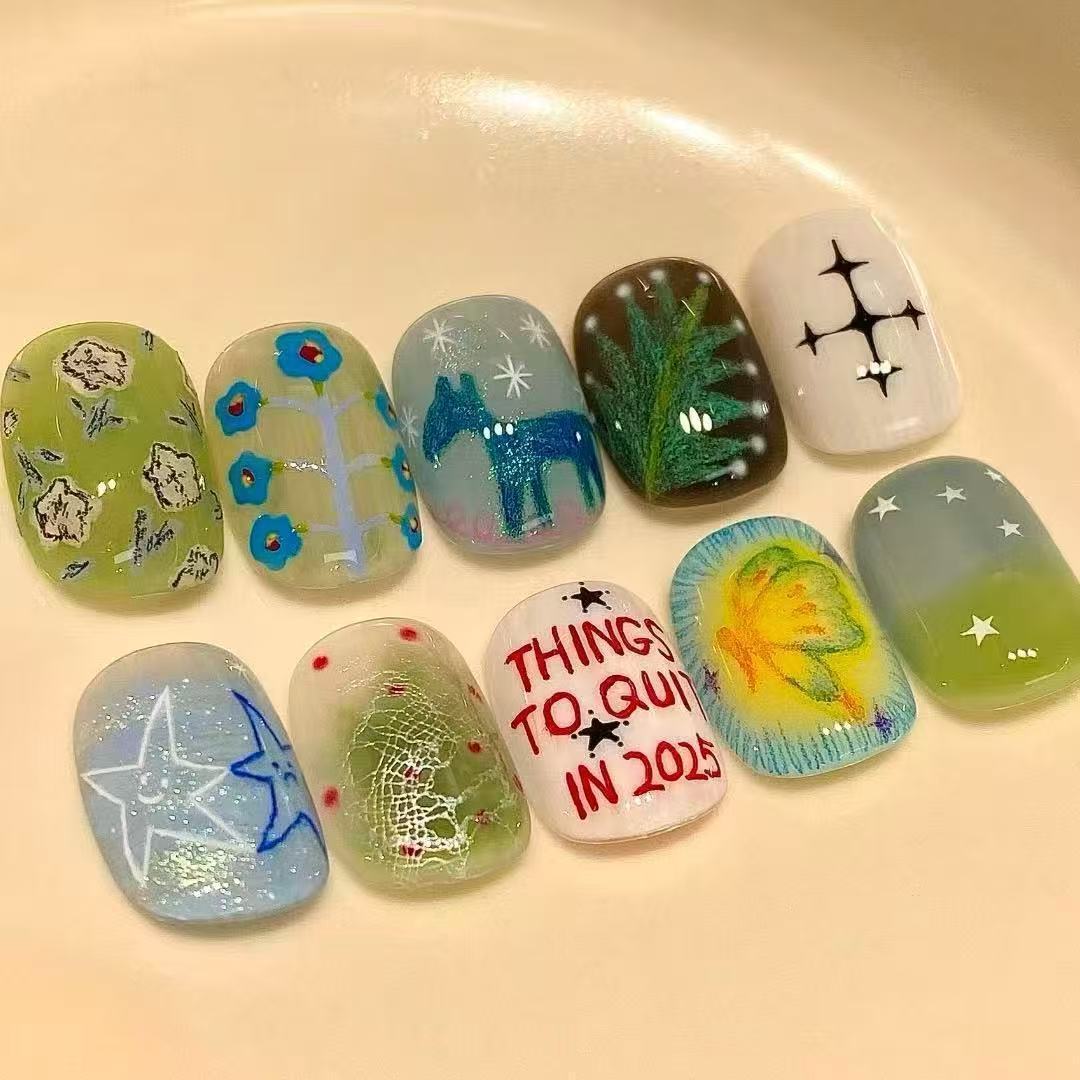 Künstlerisches katzenmotiviertes Press-On-Nagelkunstset Brehn