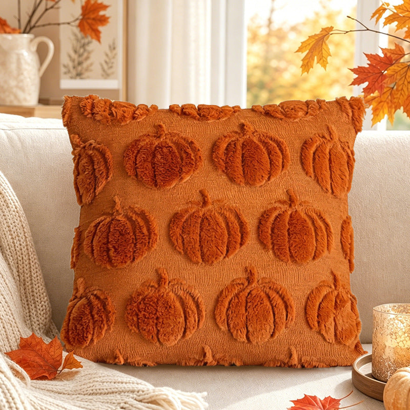 Herbst Kürbis Chenille Geplüschtes Quadratisches Wurfkissenüberzug mit Plüsch Erhobenem Motiv