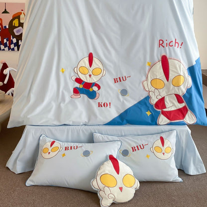 Kinder Cartoon Grafik Baumwoll-Satin Bettbezug Set mit Paspel Kissenbezügen