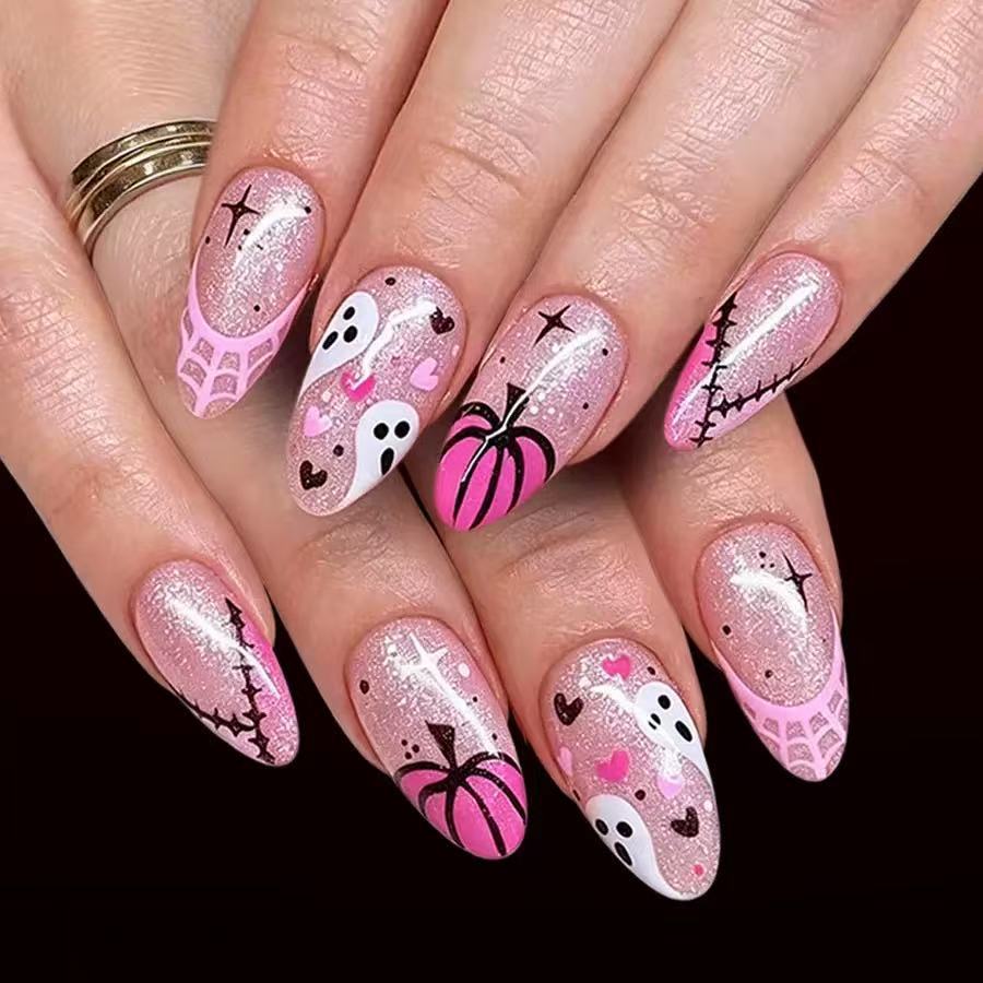 Kunstnagelset mit kreativem Halloween-Motiv und Glitzer Brehn