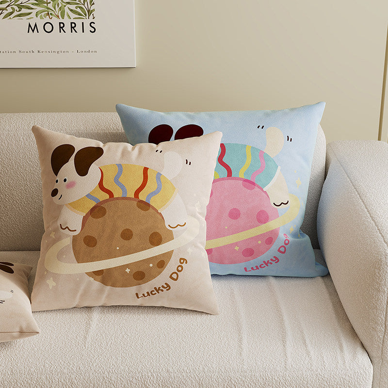 Square Decorative Throw Pillow Cover with Cute Cartoon Cat Illustration and Vertical Pink Stripe Linen-Blend