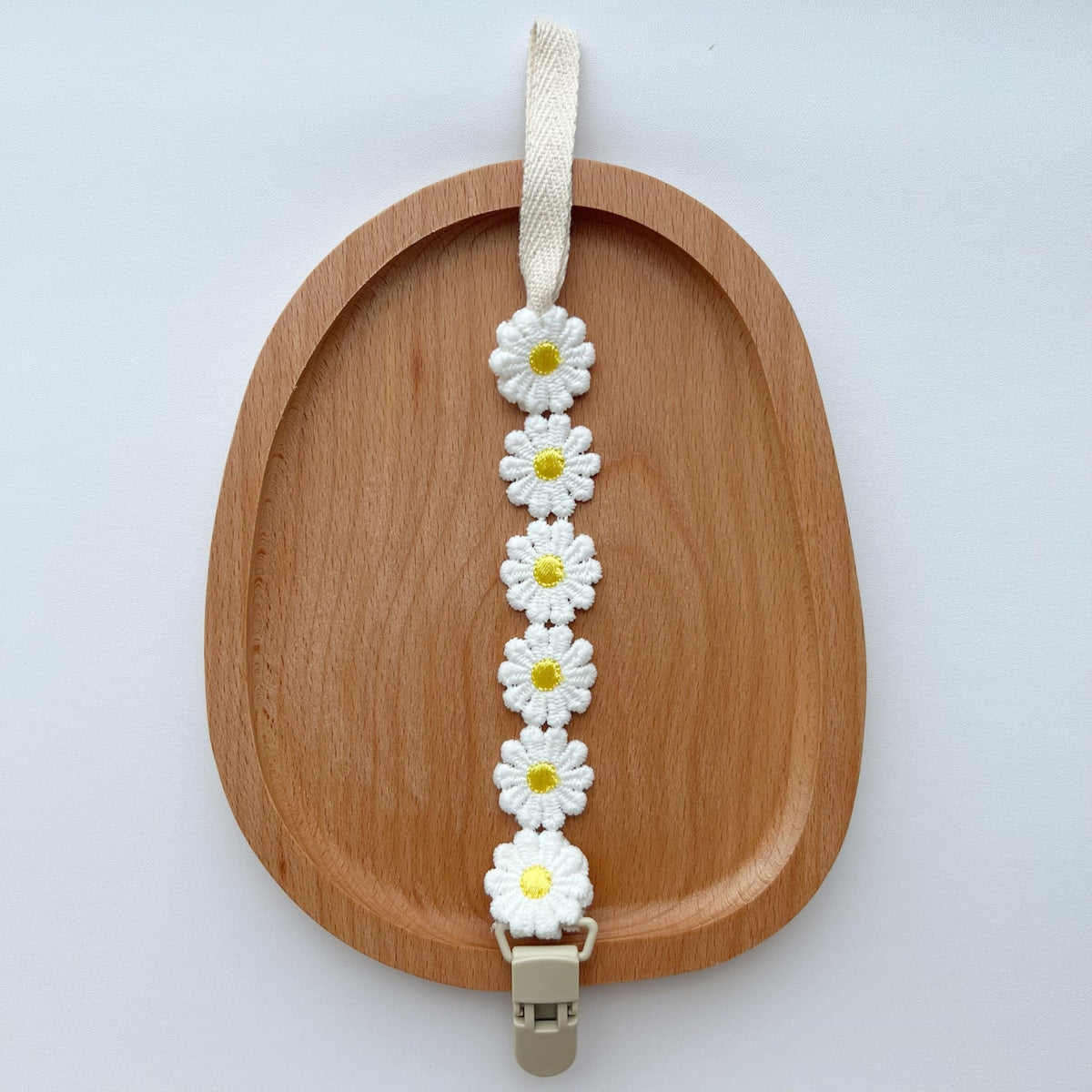 Bestickte Gänseblümchen Baumwoll-Schnullerkette mit Sicherheitsclip