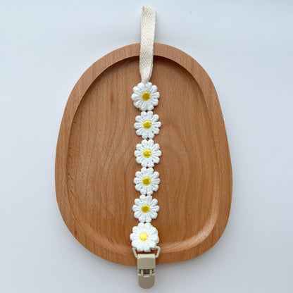 Bestickte Gänseblümchen Baumwoll-Schnullerkette mit Sicherheitsclip