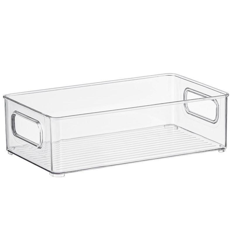 Flache transparente Aufbewahrungsbox mit integrierten Griffen und rutschfestem Boden