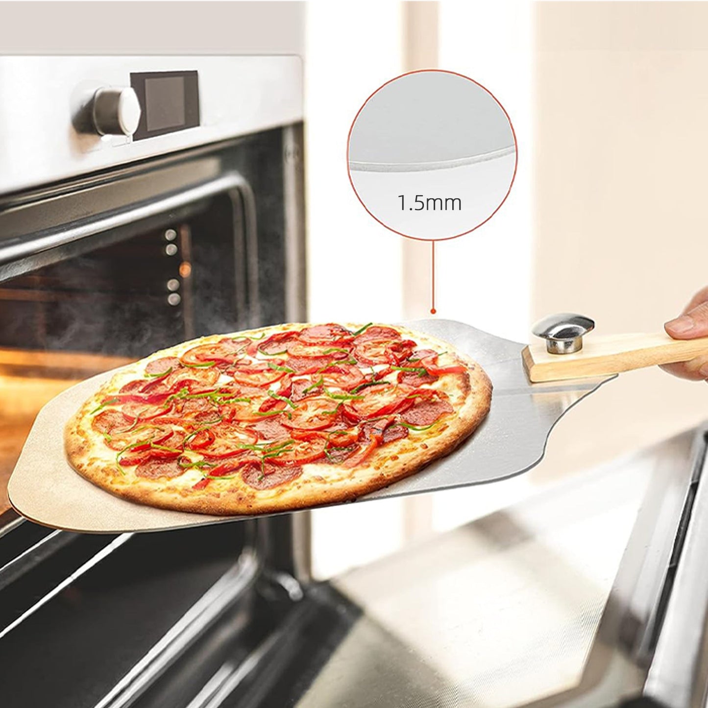 professionelles Pizzaschaufel-Set mit zusammenklappbarem Buchenholzgriff, Aluminium-Schaufel und Edelstahl-Rocker-Cutter Brehn