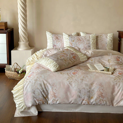 Pastell Aquarell Floral Satin-Trim Rüsch Bettbezug Set