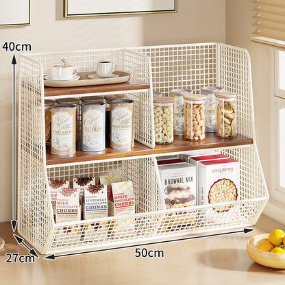 Multi-Ebenen Drahtgitter Arbeitsplatten Vorratsraum Organizer mit Holzregalen und Korb