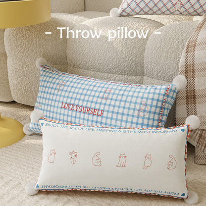Rectangular Argyle-Pattern Lumbar Pillow Cover with Embroidered Slogan, Cat Motifs and Pom-Pom Corners