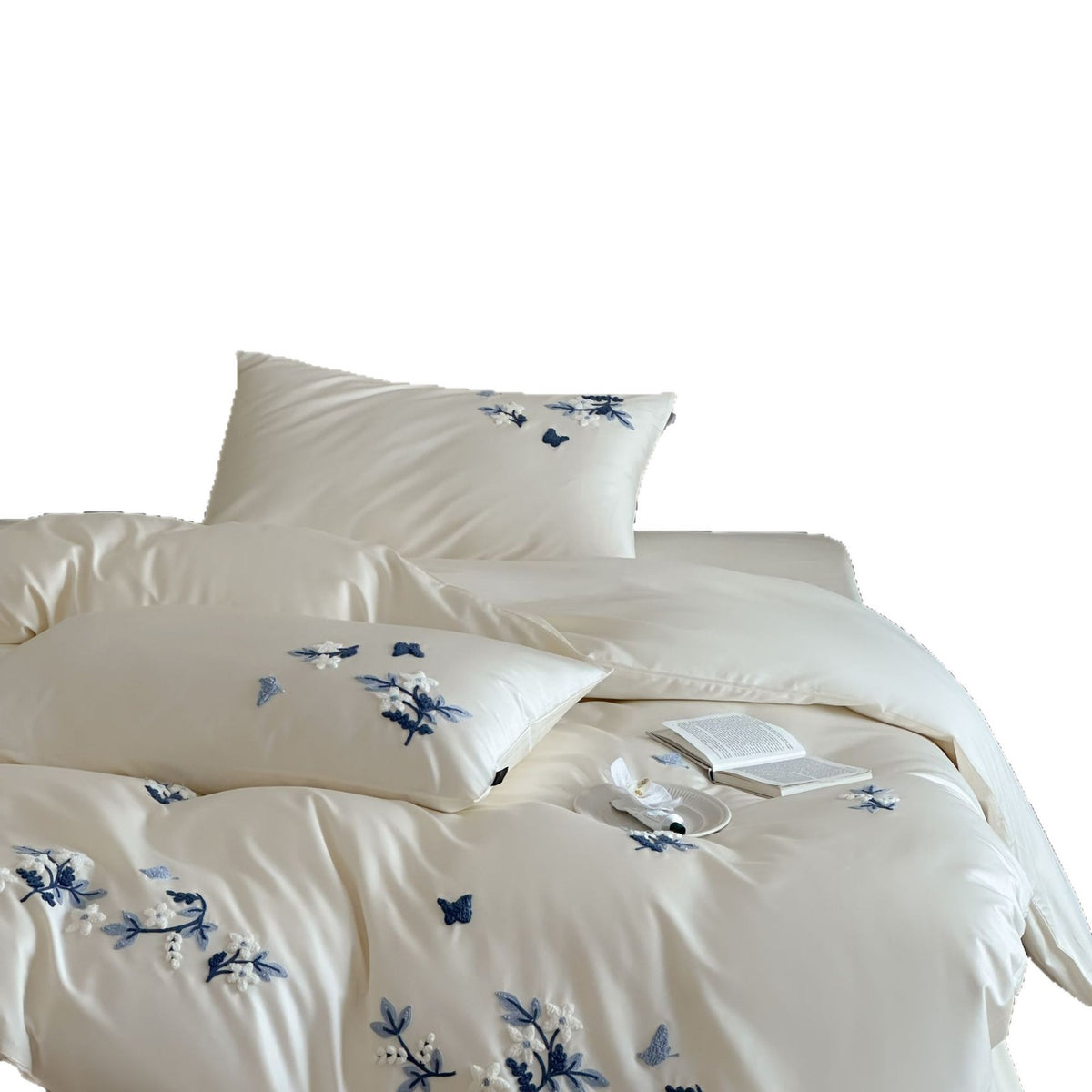 Luxus Satin Baumwolle Besticktes Floral Bettbezug Set