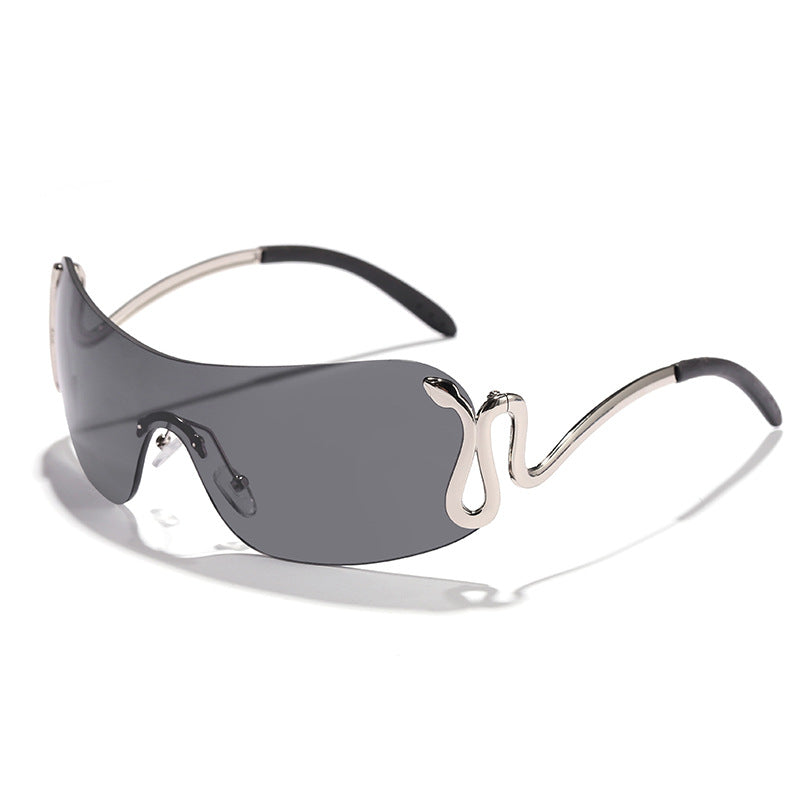 Damen modische futuristische Sonnenbrille mit geschwungenem Rahmen Brehn