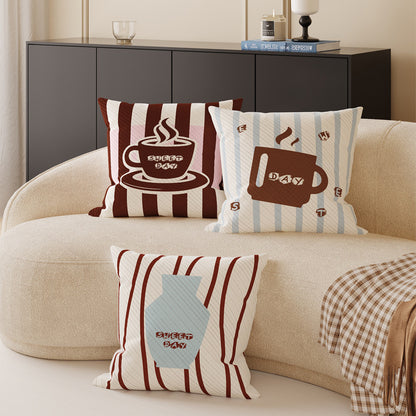 Decorative Square Throw Pillow Cover with Coffee Mug Graphic and Striped Jacquard Texture