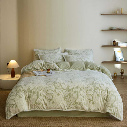 Botanisches Jacquard gesteppte Baumwollmischung Bettbezug Set mit gebürstetem Microfleece Rückseite und paspelierten Kissenbezügen
