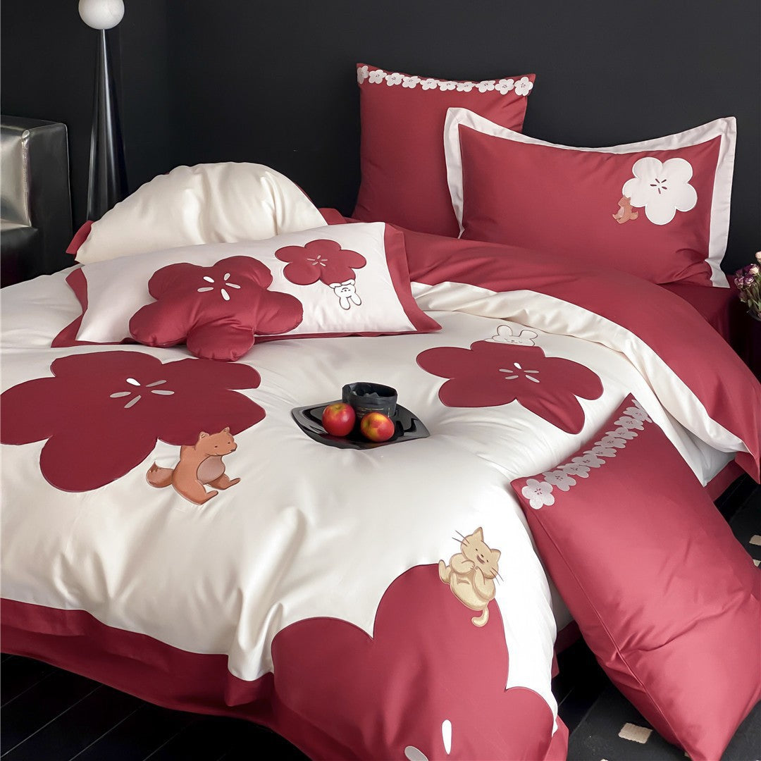 Baumwoll-Satin Bettbezug Set mit bestickter Fuchs und Katze Applikation