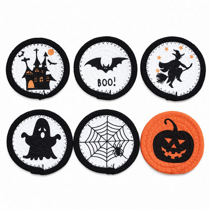 Runde Filz- und Baumwoll-Untersetzer mit gesticktem Halloween-Spukhausmotiv