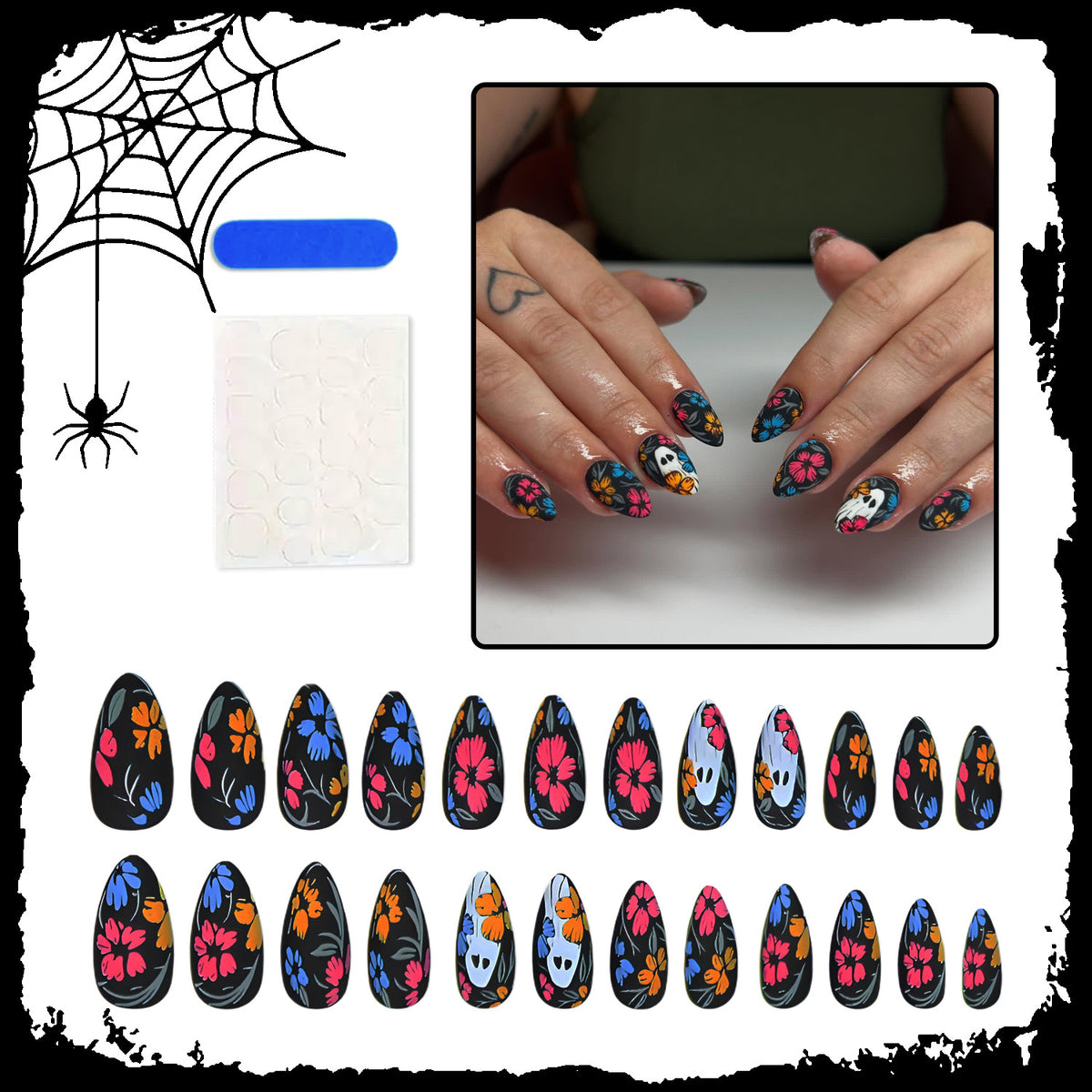 Kunstnagelset mit gruseligem Halloween-Design und bunten Blütenakzenten Brehn