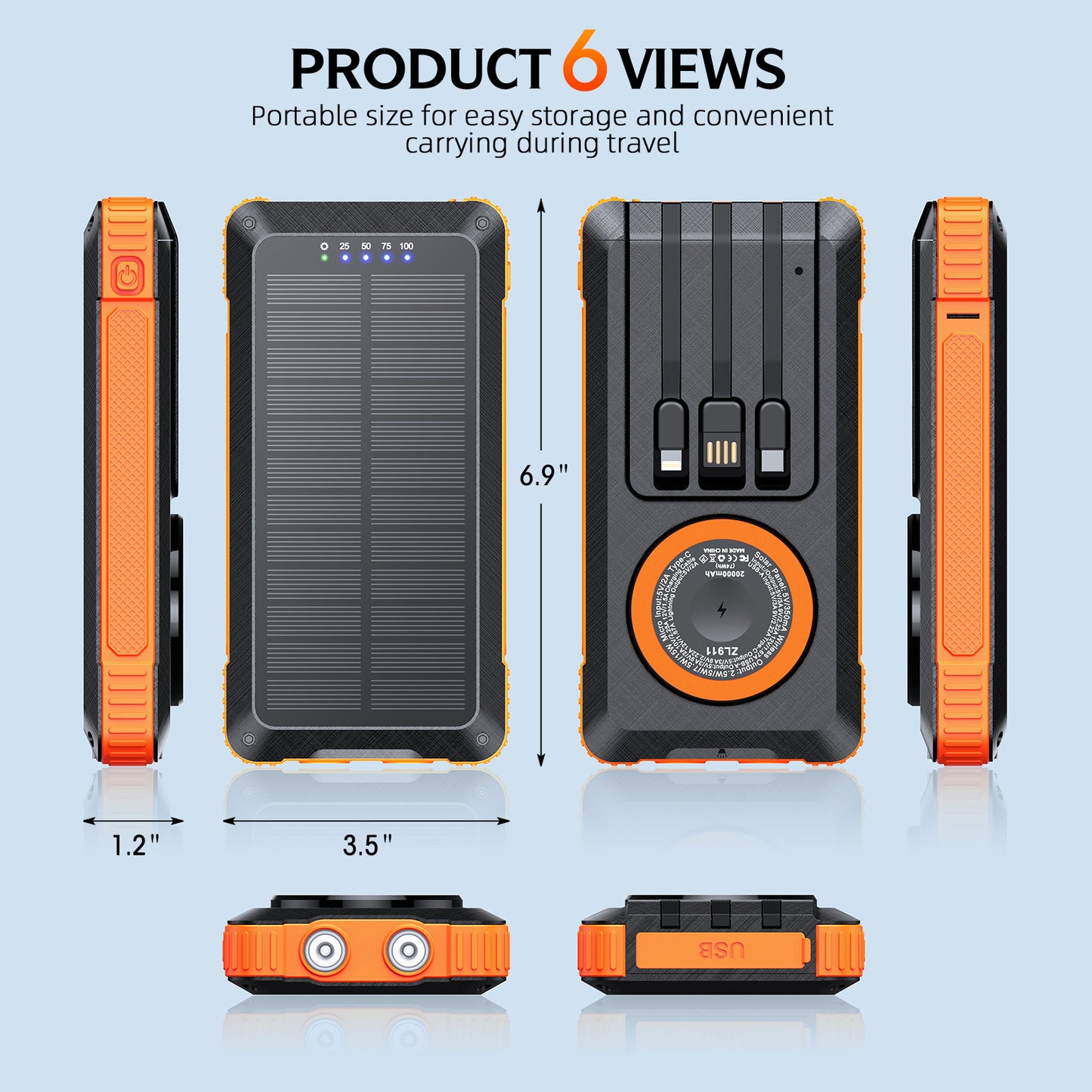 Solar Powerbank mit Multifunktionalem LED-Licht und Integriertem Ladekabel Brehn