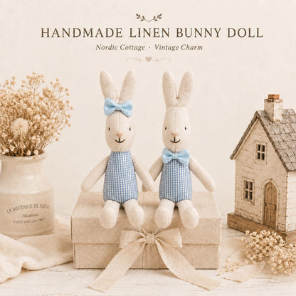 Handgenähte Leinen-Hasen-Schnuffeltuch-Puppe mit Karo-Taschenkleid