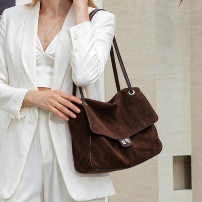 Suede Schulter Tote Bag mit Klappe und Drehverschluss