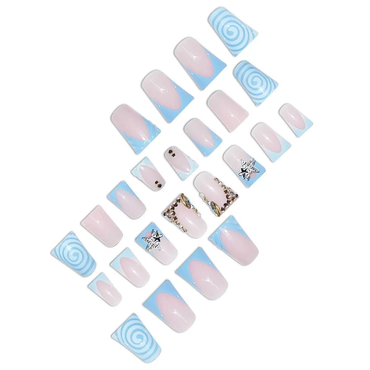 Künstlerisches Lange Press-On Nageldesign mit 3D Sternakzenten Brehn