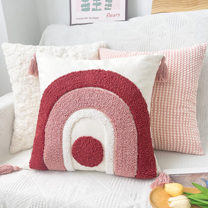 Quadratischer Boho-Kissenbezug mit handtuftetem Regenbogen‑Relief, Eckquasten und Baumwoll‑Leinen‑Mix Brehn