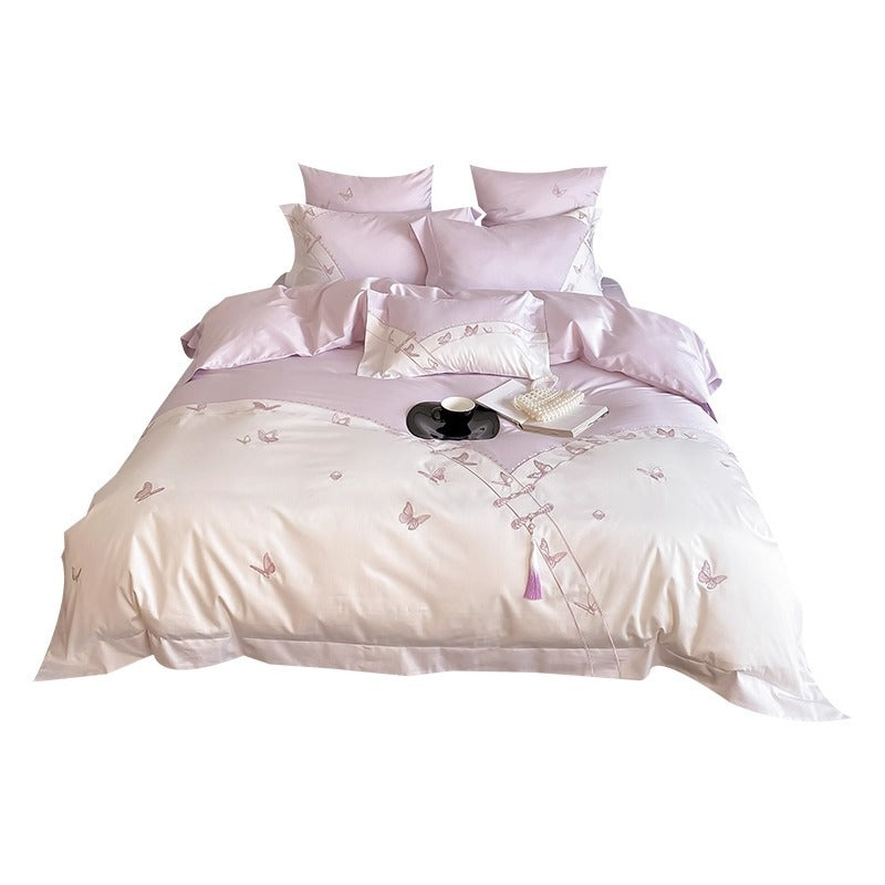 Schmetterlings-gestickter Satin-Feeling Baumwollsatin Bettbezug Set mit dekorativen Kissenbezügen