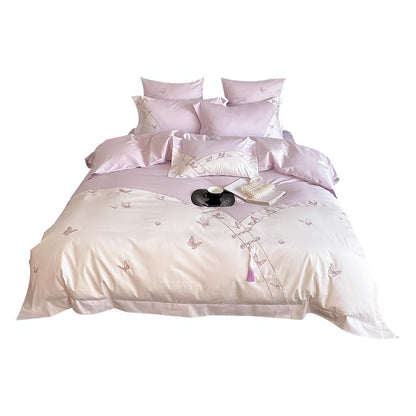 Schmetterlings-gestickter Satin-Feeling Baumwollsatin Bettbezug Set mit dekorativen Kissenbezügen